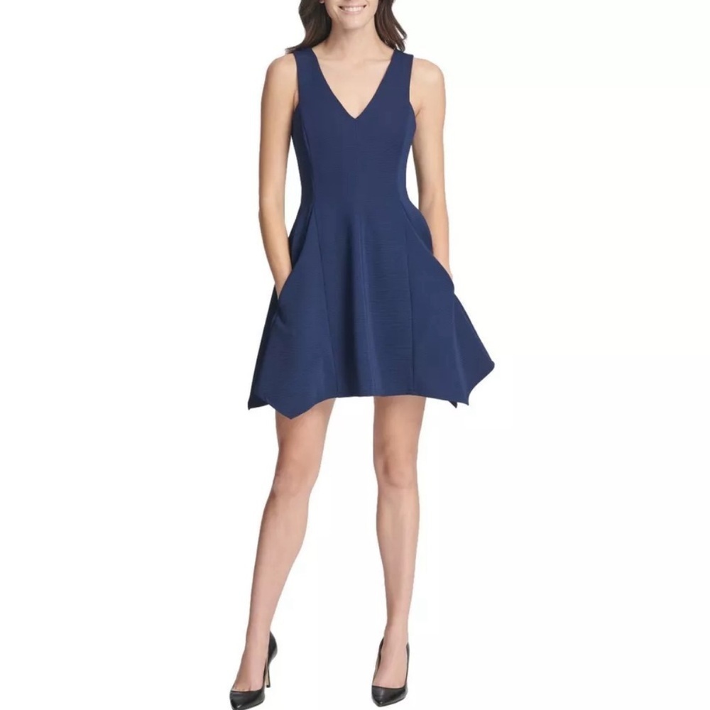 NWT KENSIE Women's Navy Ribbed Ottoman Pockets Fit & Flare Dress 6​